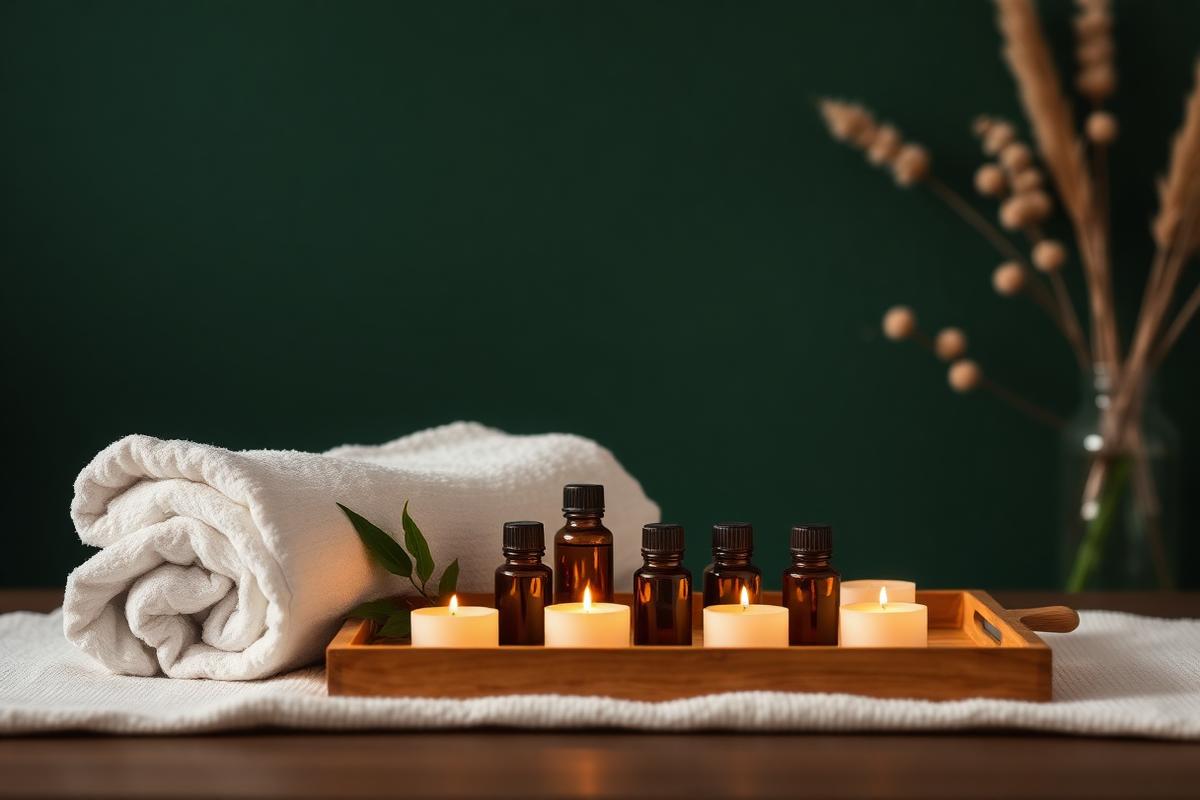Massage oils, candles and rolled towels prepared for a home massage service in Lucknow