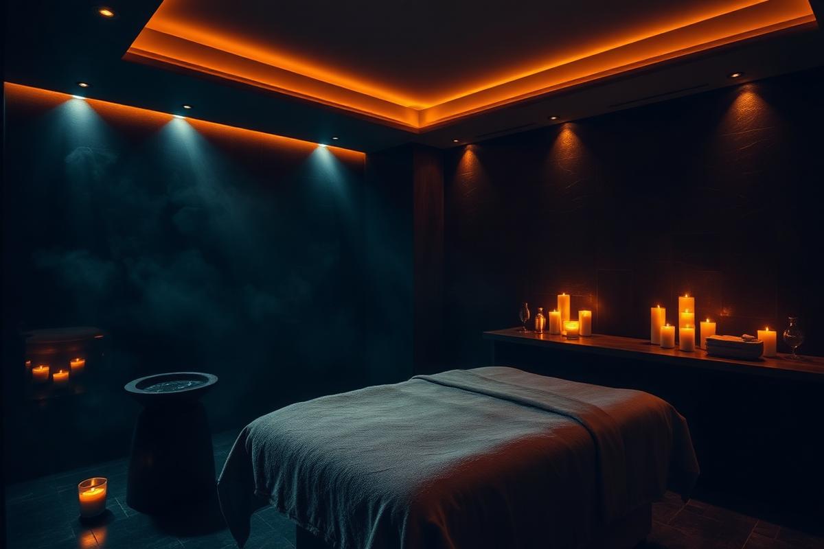 Dimly lit night spa room in Lucknow with candles and a prepared massage bed